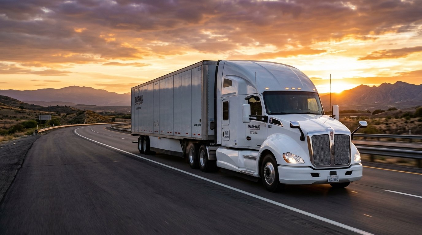 Commercial semi-truck on highway at sunset